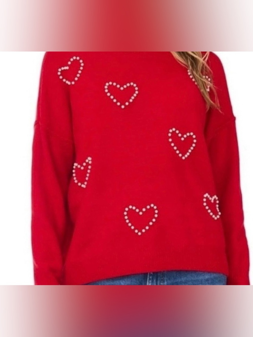 NWT Vince Camuto Red Pearl Heart Embellished Crewneck Sweater SZ XL